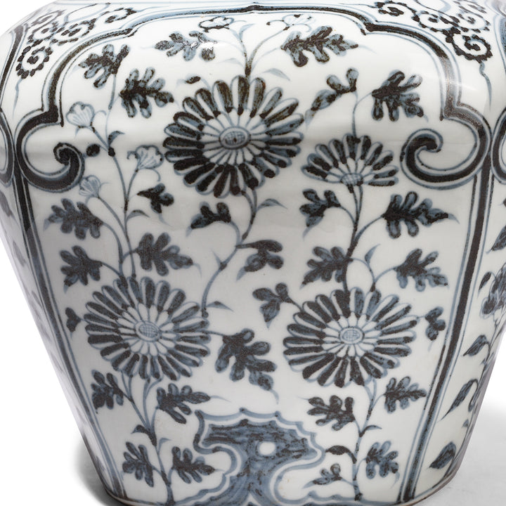 Flowers Detail From Reproduction Chinese Hongwu Blue & White Porcelain Frilled Tea Caddy - Peony | Indigo Antiques