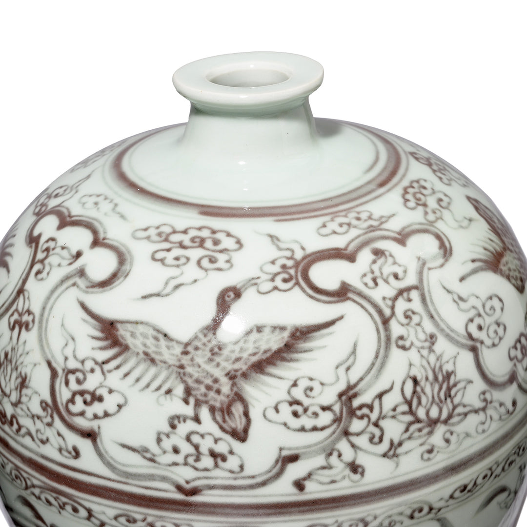 Details Of Pheonix And Clouds On Copper Red Porcelain Meiping Vase