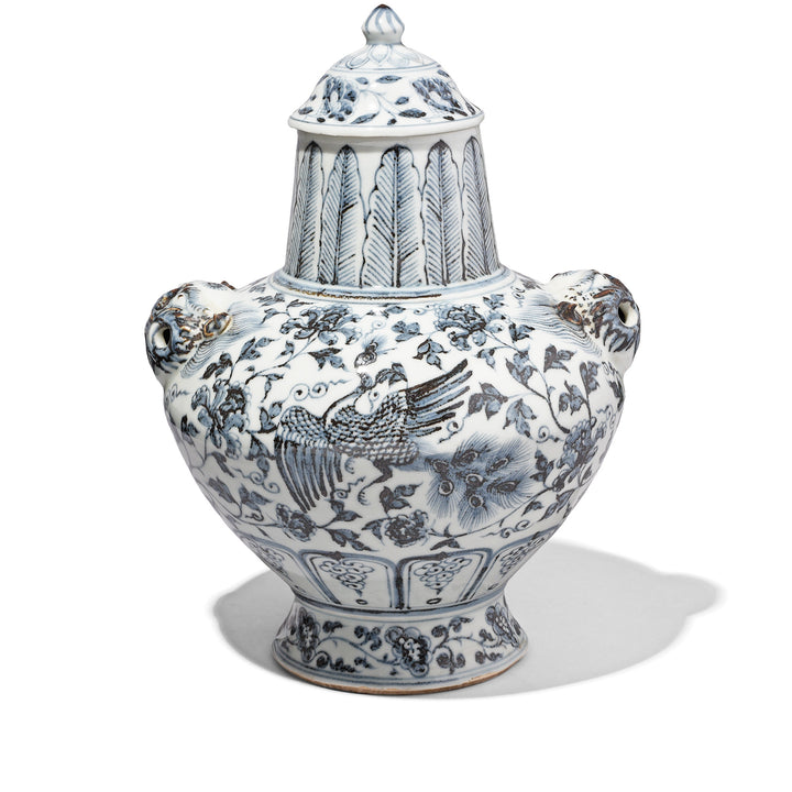 Blue & White Porcelain Lidded Wine Jar - Peonies & Phoenix | Indigo Antiques