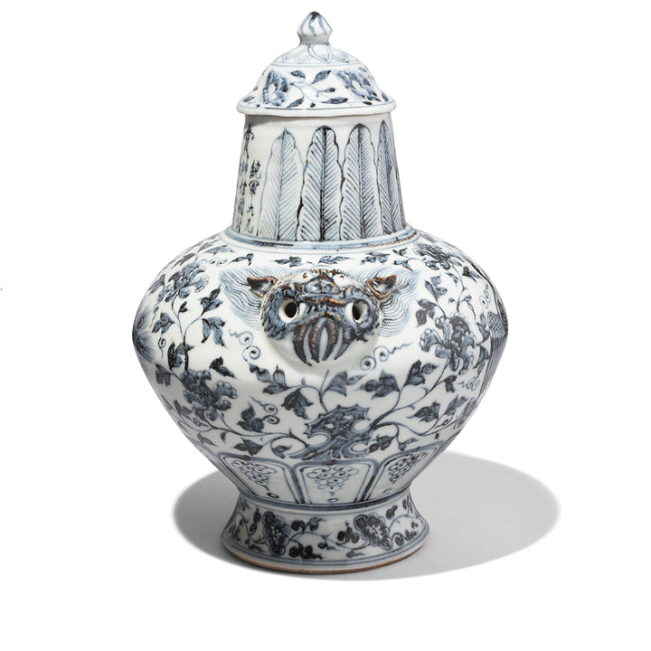 Side View Showing Tigers Head Handle From Blue & White Porcelain Lidded Wine Jar - Peonies & Phoenix | Indigo Antiques