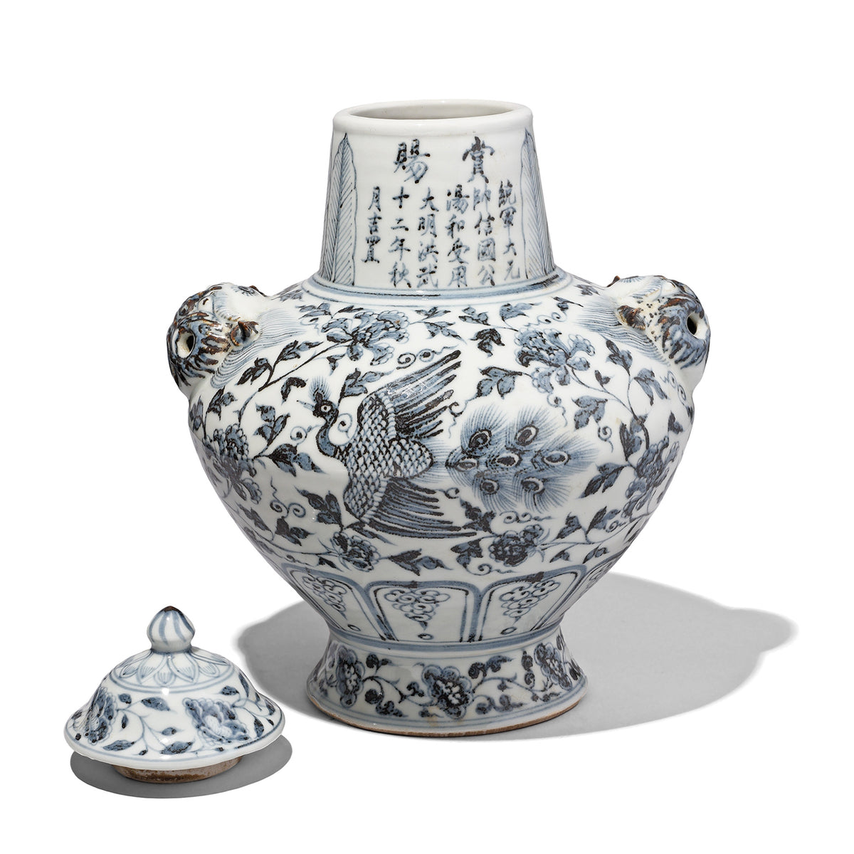 Lid Off View Of Blue & White Porcelain Lidded Wine Jar - Peonies & Phoenix | Indigo Antiques