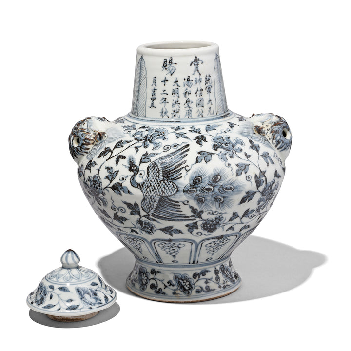 Lid Off View Of Blue & White Porcelain Lidded Wine Jar - Peonies & Phoenix | Indigo Antiques