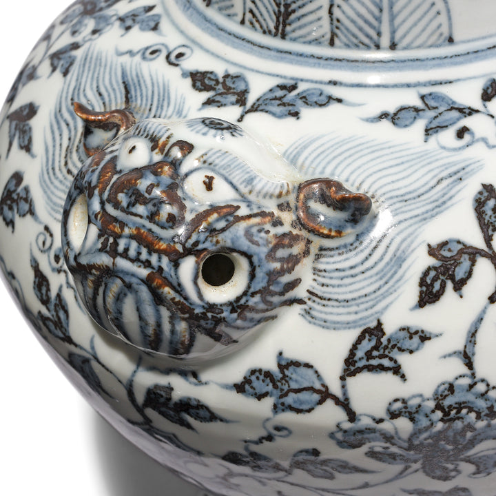 Tiger Head Handle Detail From Blue & White Porcelain Lidded Wine Jar - Peonies & Phoenix | Indigo Antiques