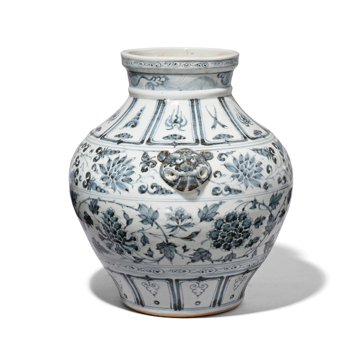 Reproduction Chinese Handle Detail On Blue & White Porcelain Wine Jar