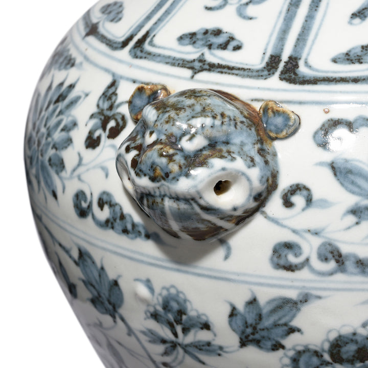 Close Up Of Handle Detail On Blue & White Porcelain Wine Jar