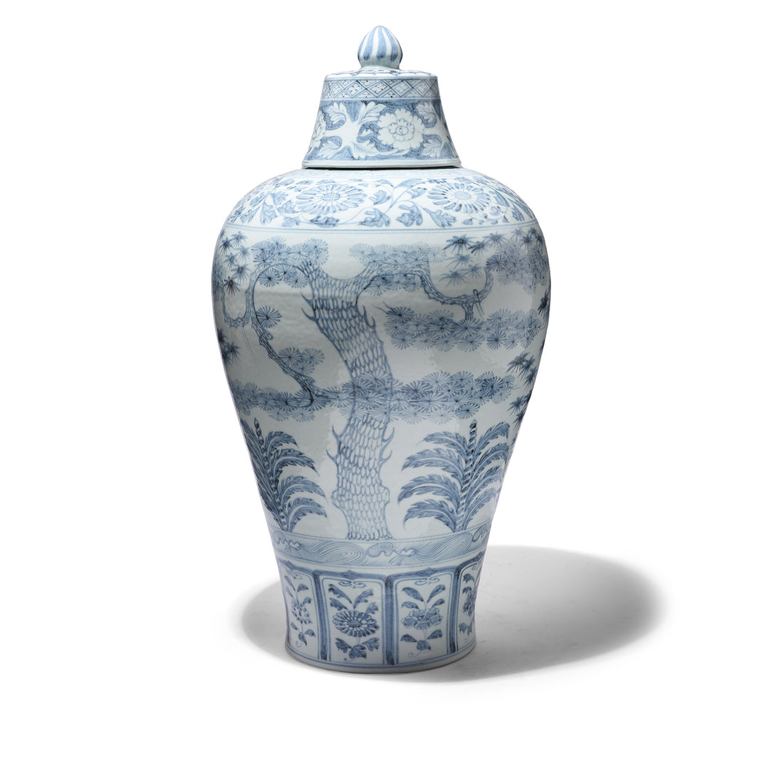 Other Side Of Blue & White Porcelain Temple Jar - Four Tree Design | Indigo Antiques