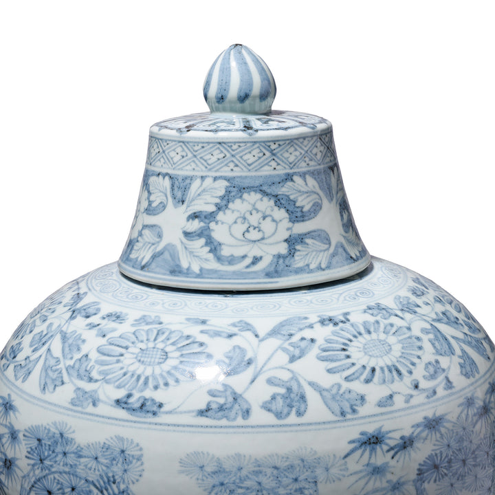 Lid Detail From Blue & White Porcelain Temple Jar - Four Tree Design | Indigo Antiques