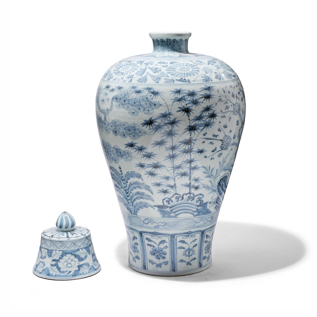 Lid Off View Of Blue & White Porcelain Temple Jar - Four Tree Design | Indigo Antiques