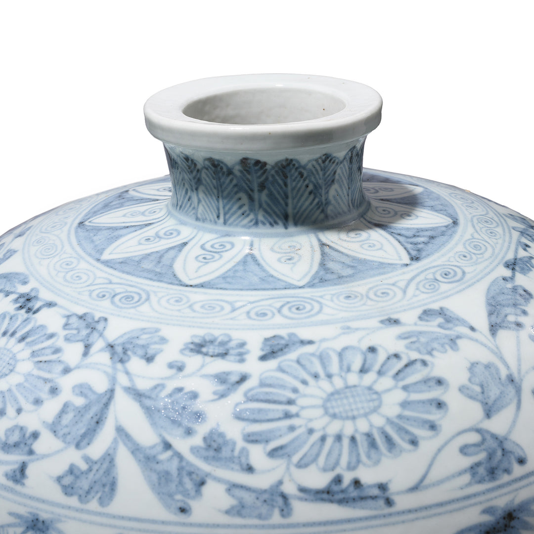 Rim Detail From Blue & White Porcelain Temple Jar - Four Tree Design | Indigo Antiques