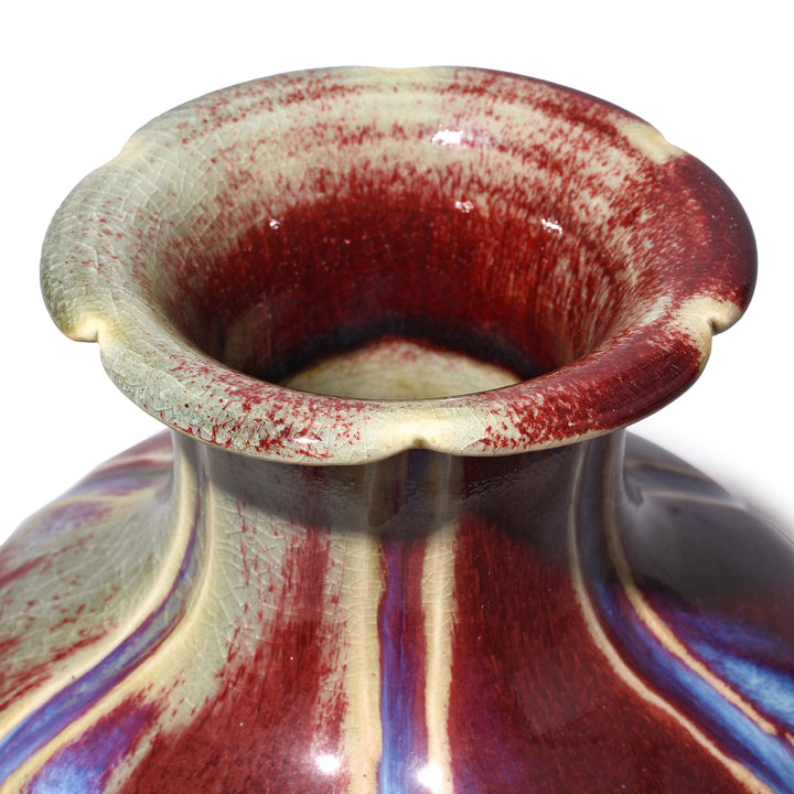 Rim Detail From Chinese Yaobian Ice Red Flambe Porcelain Flower Vase | Indigo Antiques