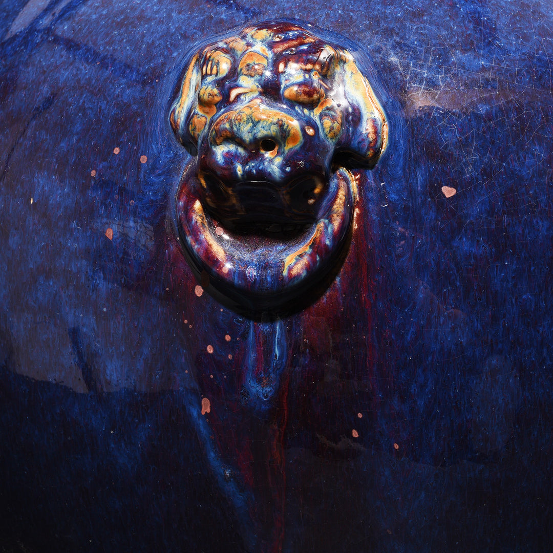 Tiger Head Handle From Yaobian Dark Blue Flambe Porcelain Flower Vase
