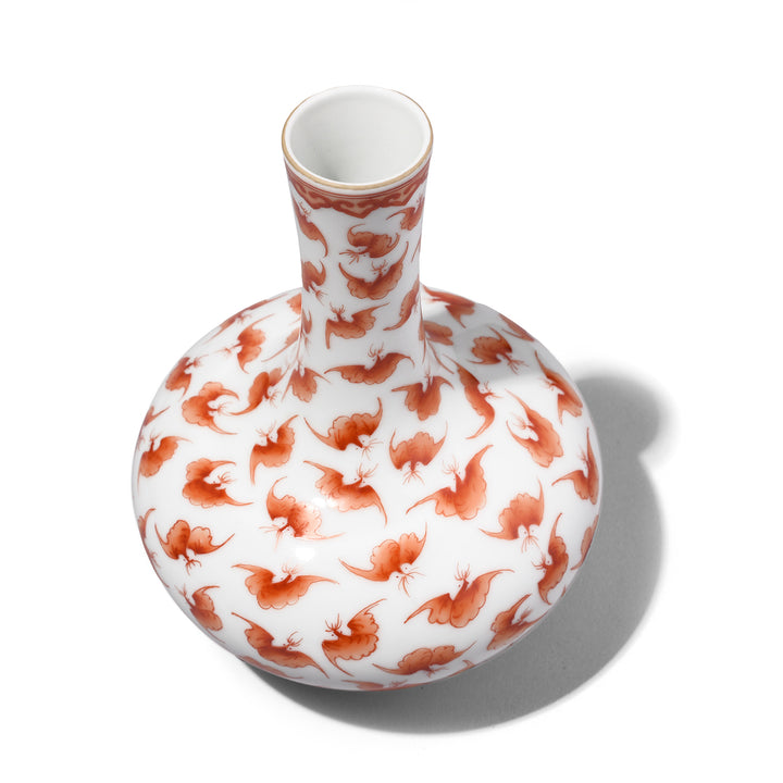 Top Down View Of Porcelain Tianqiuping Vase - Burnt Orange Bat Design | Indigo Antiques