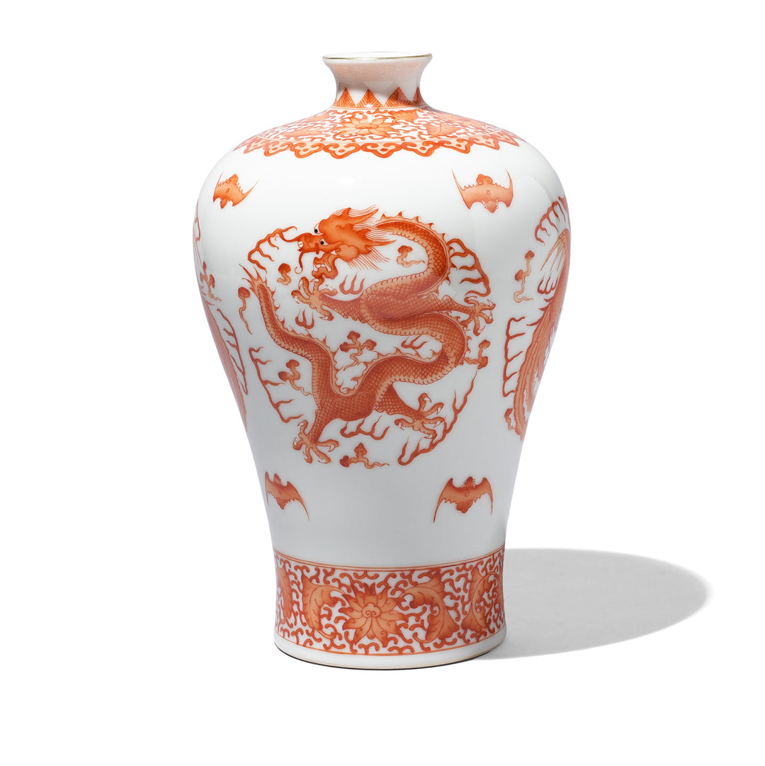 Iron Red Burnt Orange Porcelain Meiping Vase - Dragon & Phoenix | Indigo Antiques