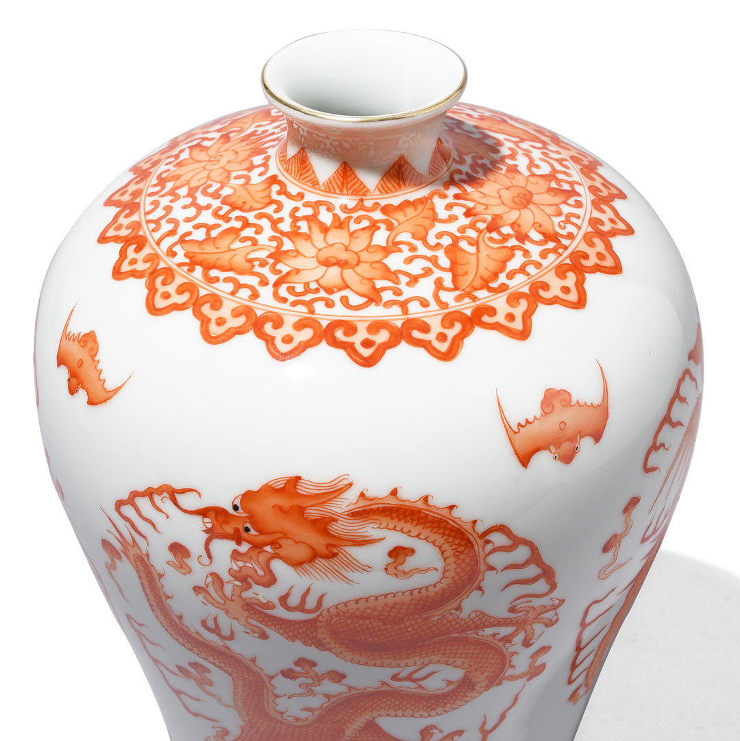 Top Down Detail From Burnt Orange Porcelain Meiping Vase - Dragon & Phoenix | Indigo Antiques