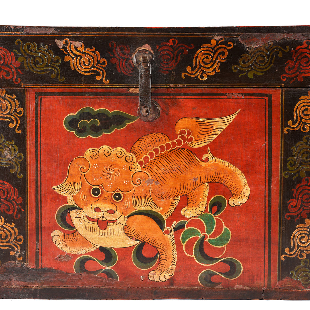 Foo Dog Artwork Detail From Antique Painted Chinese Foo Dog Wedding Box | Indigo Antiques