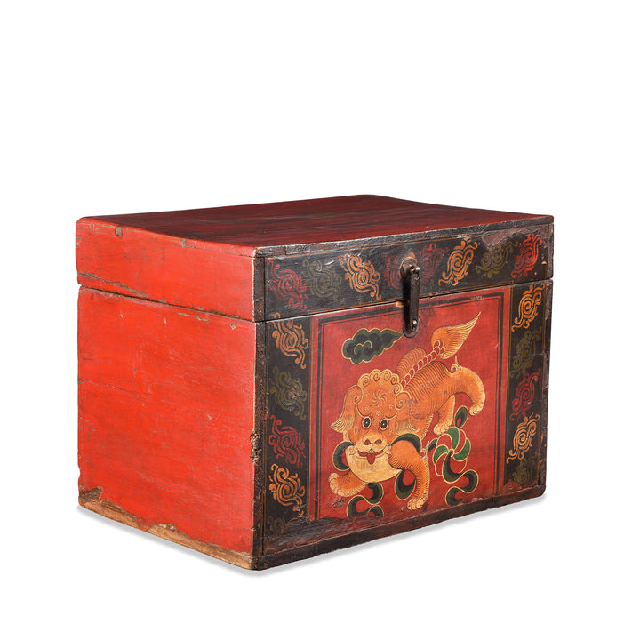Angled View Of Antique Painted Chinese Foo Dog Wedding Box | Indigo Antiques