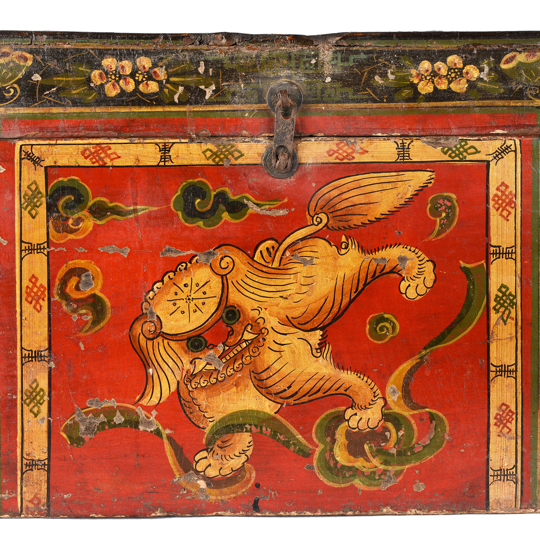 Foo Dog Detail From Antique Painted Chinese Foo Dog Wedding Box | Indigo Antiques