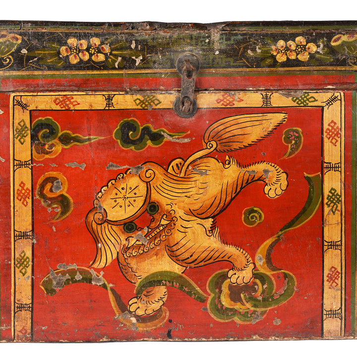 Foo Dog Detail From Antique Painted Chinese Foo Dog Wedding Box | Indigo Antiques