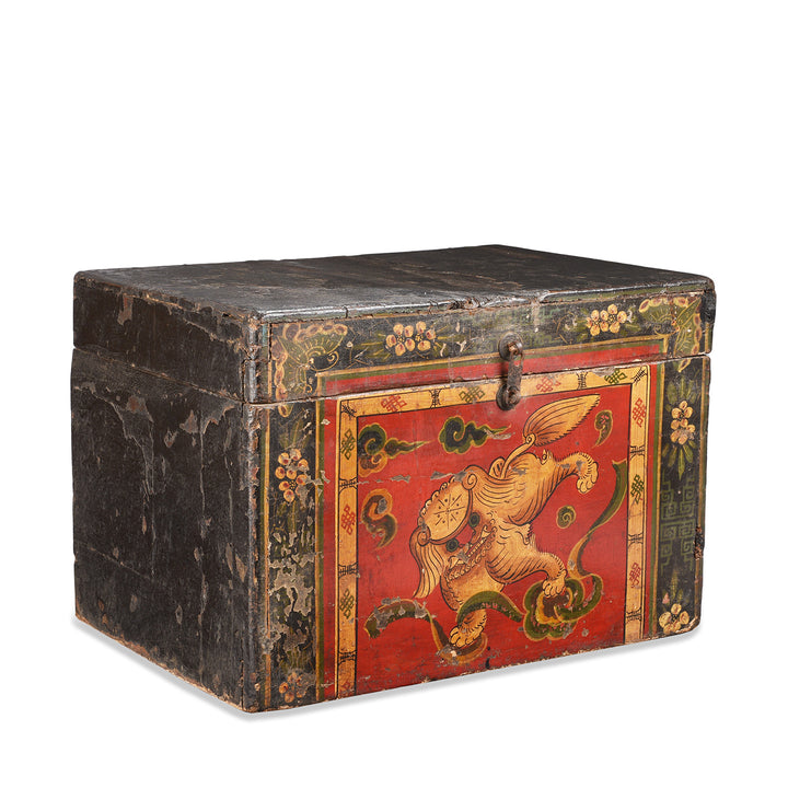 Angled View Of Antique Painted Chinese Foo Dog Wedding Box | Indigo Antiques