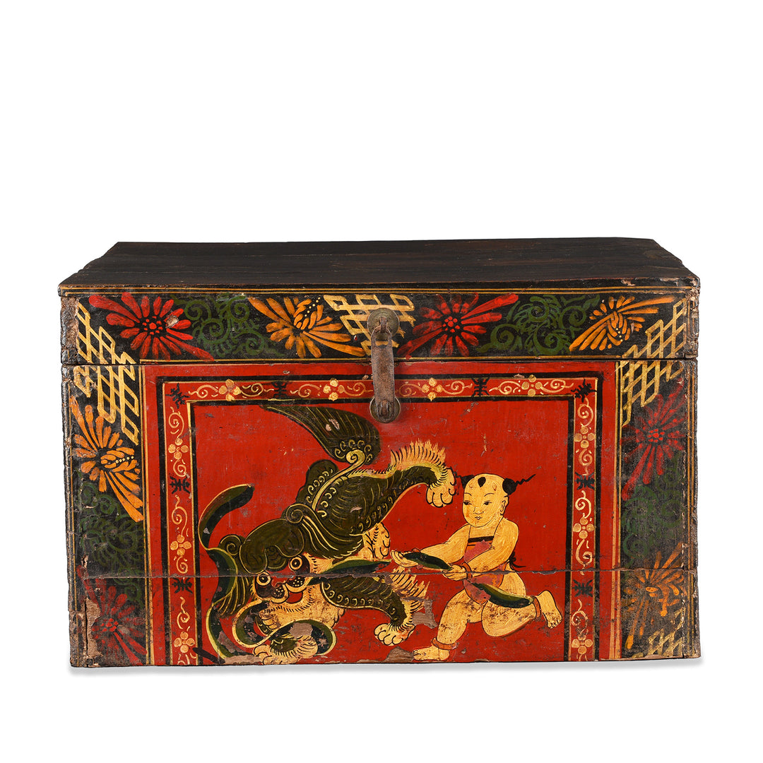 Antique Painted Chinese Foo Dog & Child Wedding Box | Indigo Antiques