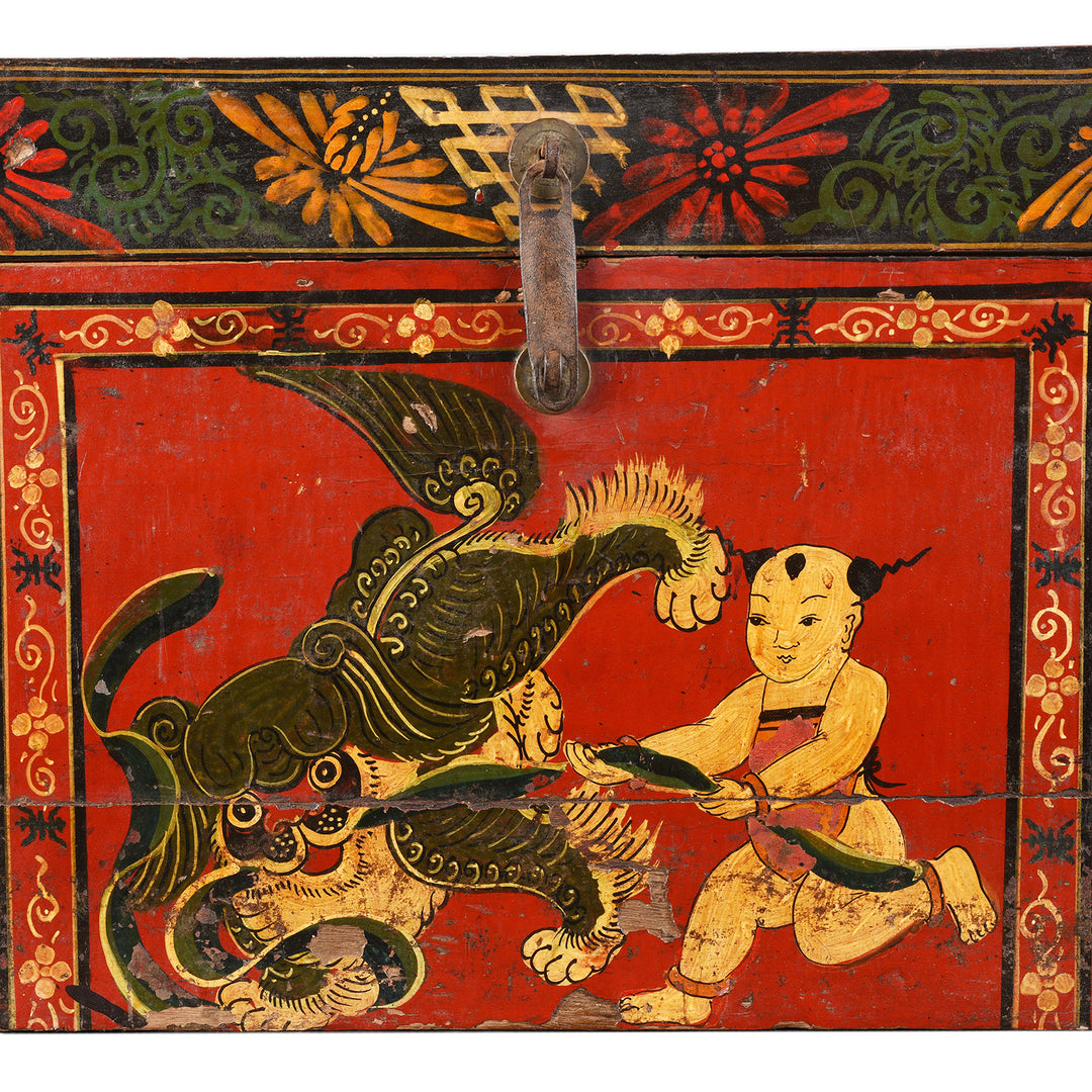 Artwork Detail From Antique Painted Chinese Foo Dog & Child Wedding Box | Indigo Antiques