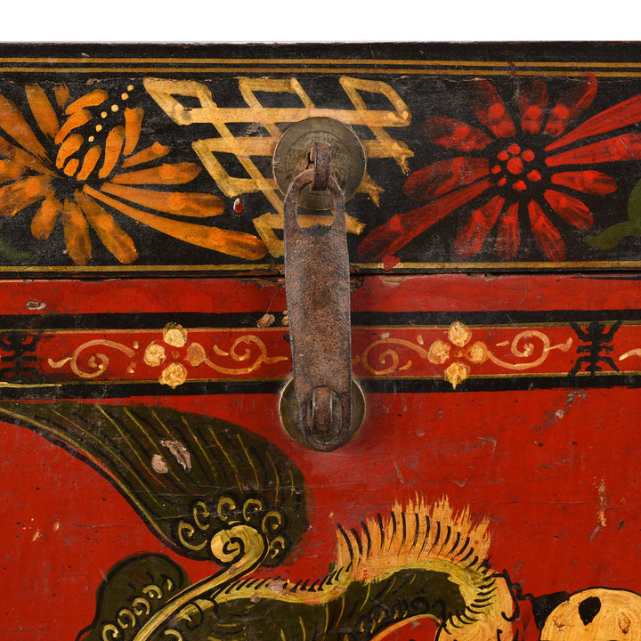 Latch Detail From Antique Painted Chinese Foo Dog & Child Wedding Box | Indigo Antiques