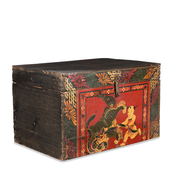 Angled View Of Antique Painted Chinese Foo Dog & Child Wedding Box | Indigo Antiques