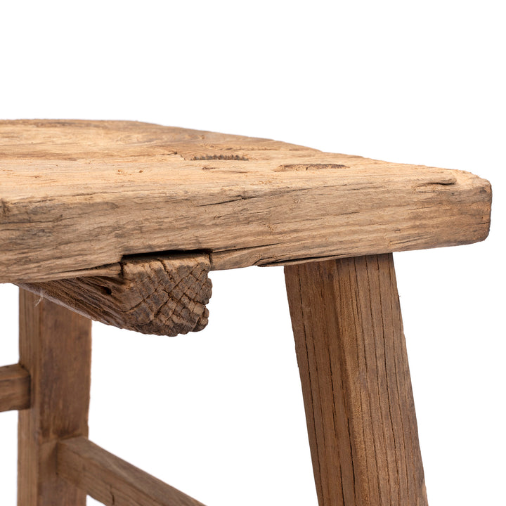 Corner Detail From Rustic Farmhouse Elm Stool | Indigo Antiques 