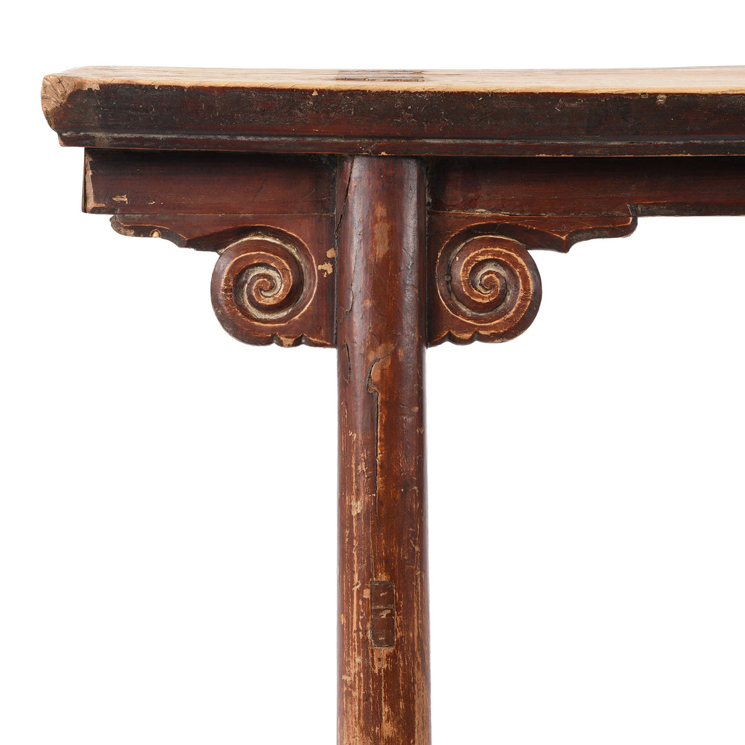 Corner Detail From Antique Elm Chinese Spring Bench From Shanxi Province | Indigo Antiques