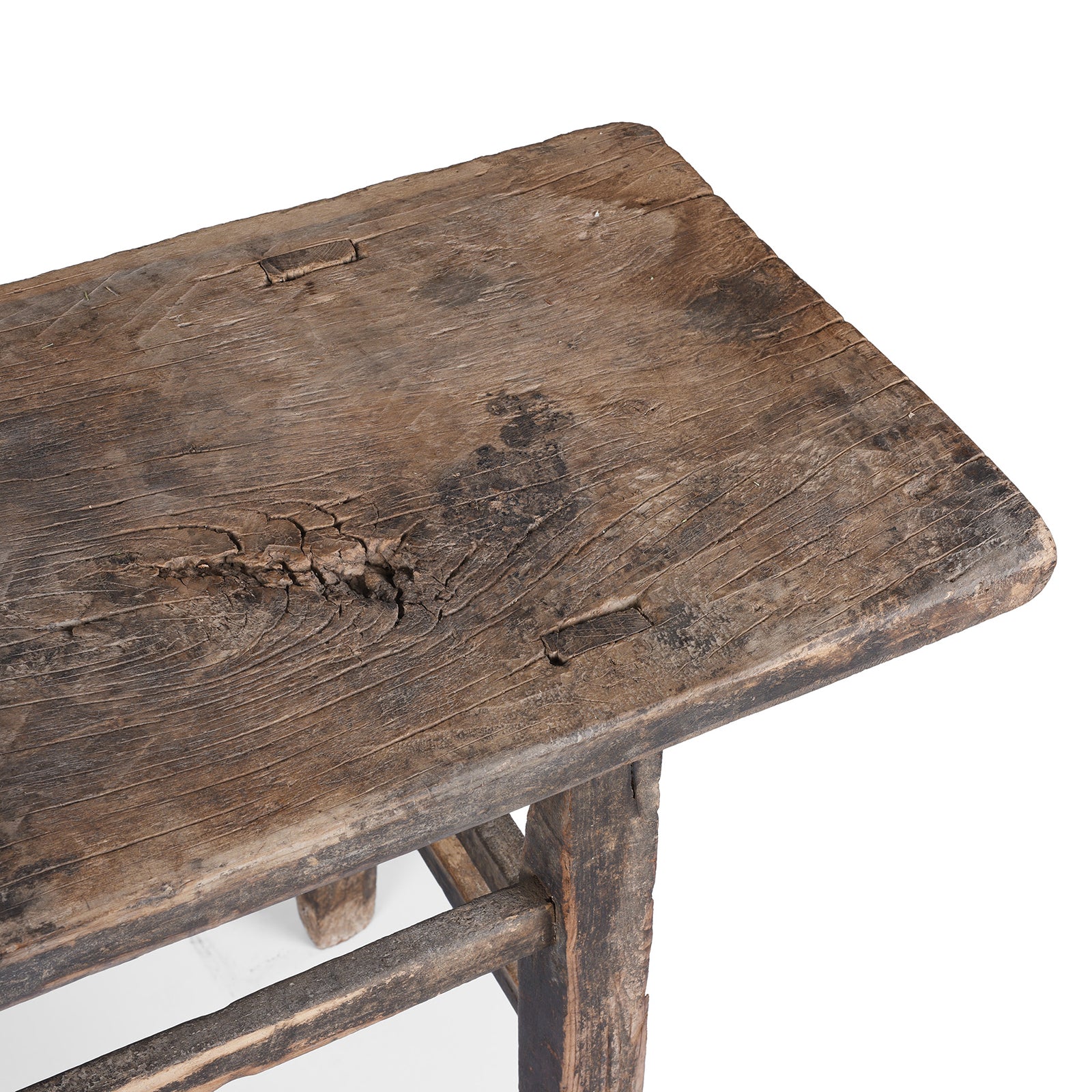 Top Corner Detail From Antique 19th Century Shanxi Elm Altar Table With Bleached Finish And Original Black Lacquer Remnants