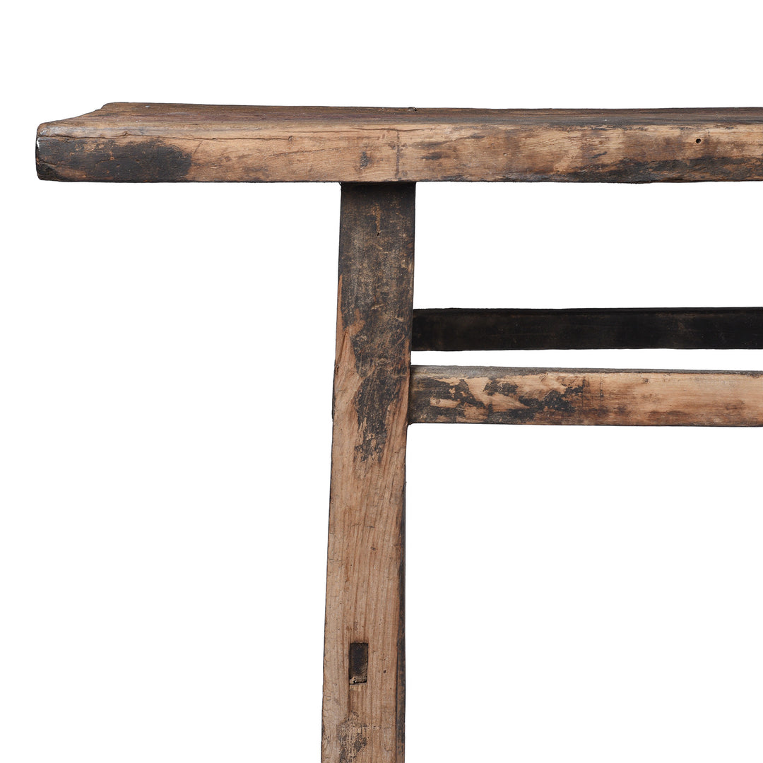 Corner Detail From Antique 19th Century Shanxi Elm Altar Table With Bleached Finish And Original Black Lacquer Remnants