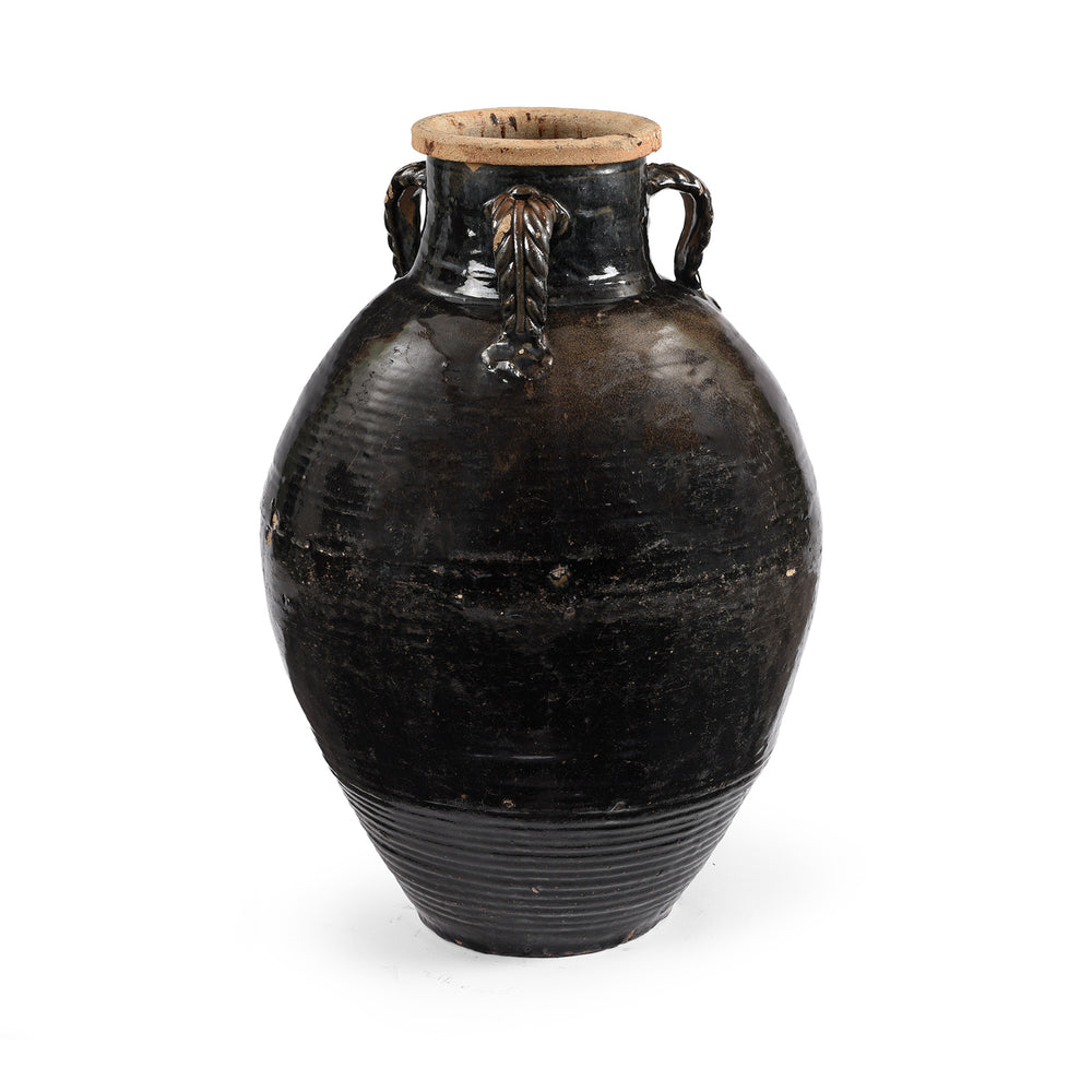 Leaf Detail On Black Glazed Stoneware Wine Jar From Hebei - 19th Century