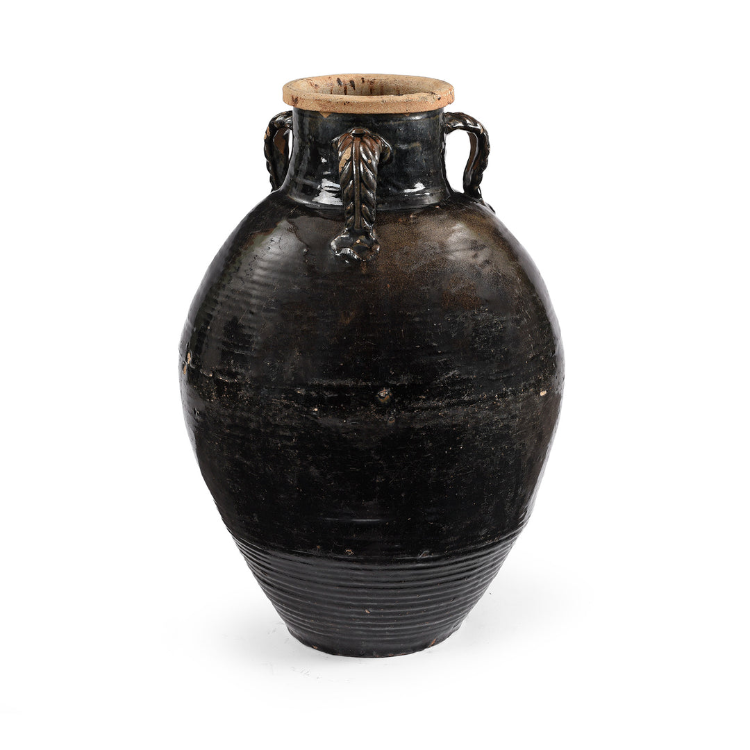 Leaf Detail On Black Glazed Stoneware Wine Jar From Hebei - 19th Century