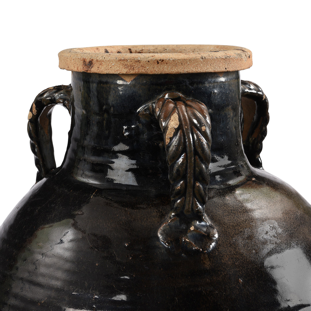 Close Up On Leaf Handle Detail On Black Glazed Stoneware Wine Jar From Hebei - 19th Century