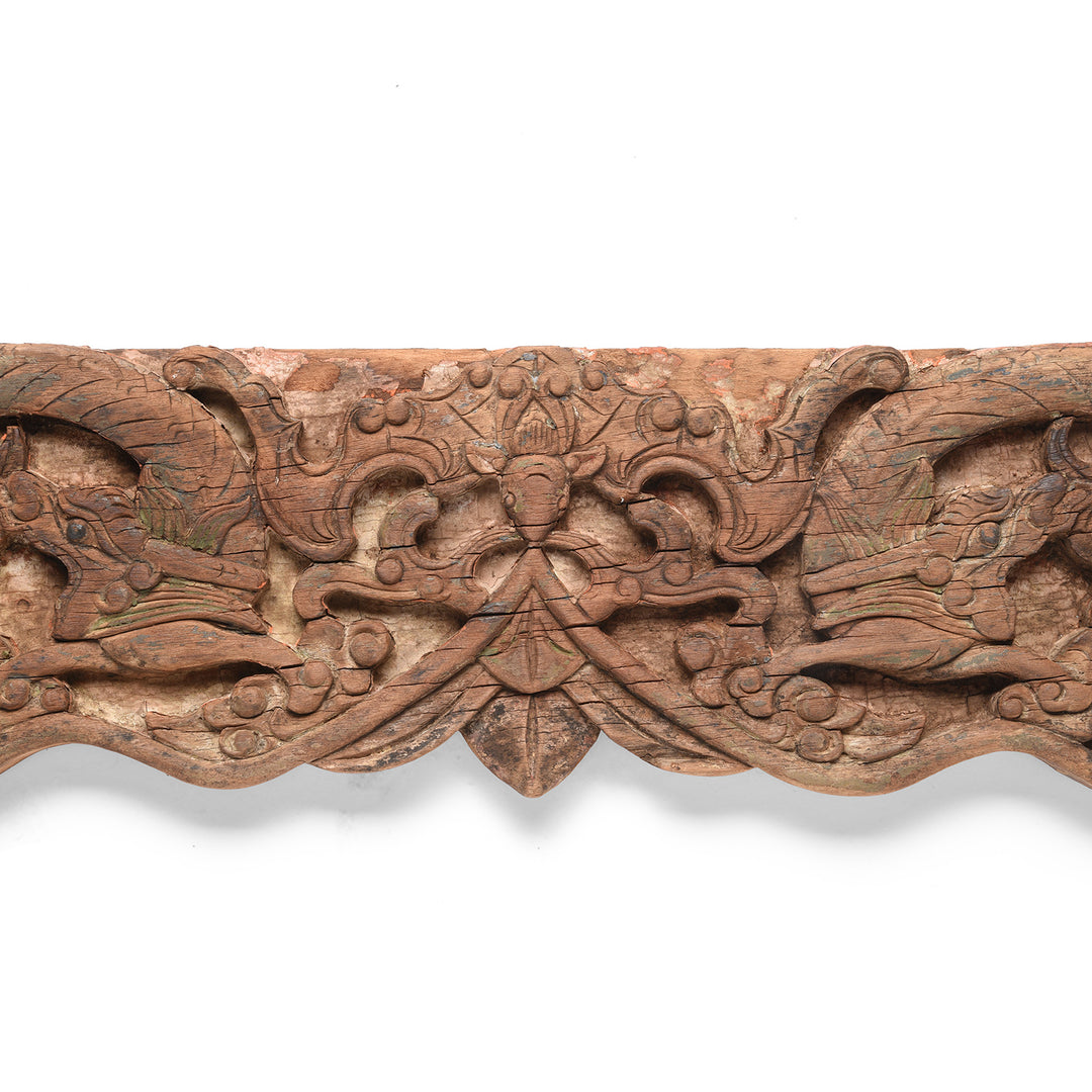 Central Bat Detail From Antique Yumu Elm Dragon & Bat Furniture Apron  | Indigo Antiques