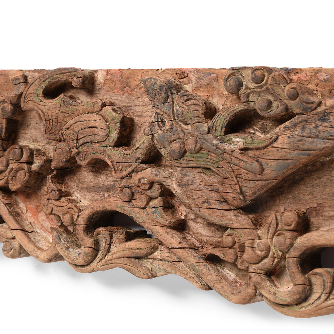 Dragon And Bat Carving Detail From Antique Yumu Elm Dragon & Bat Furniture Apron  | Indigo Antiques