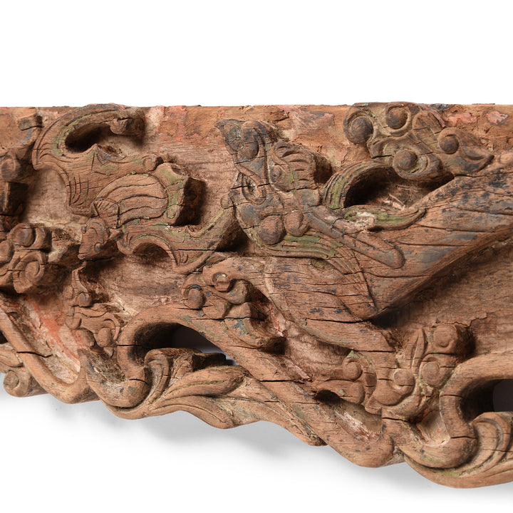 Dragon And Bat Carving Detail From Antique Yumu Elm Dragon & Bat Furniture Apron  | Indigo Antiques