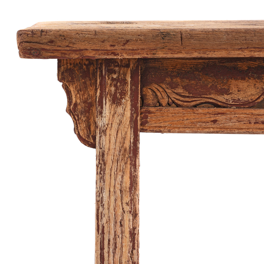 Corner Detail Showing Carving And Old Paint From Antique Chinese Carved Elm Farmers Milking Stool | Indigo Antiques