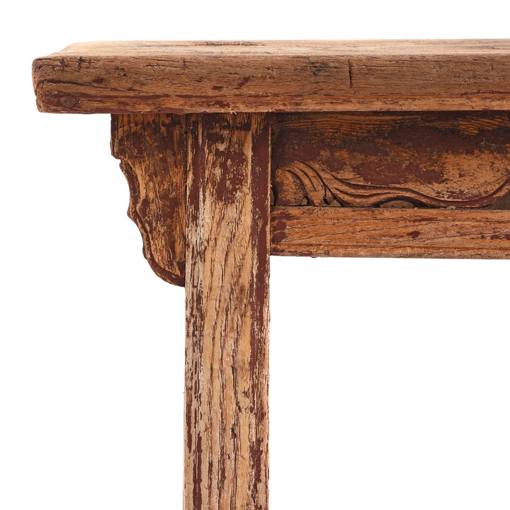 Corner Detail Showing Carving And Old Paint From Antique Chinese Carved Elm Farmers Milking Stool | Indigo Antiques
