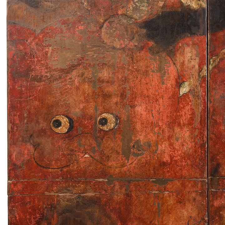 Foo Dog Paintwork Detail From Antique Painted Pine 'Foo Dog' Doors From Shanxi | Indigo Antiques