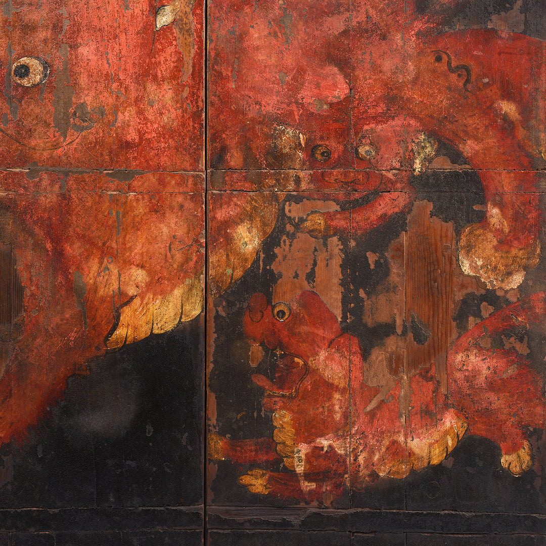 Foo Dogs Detail From Antique Painted Pine 'Foo Dog' Doors From Shanxi | Indigo Antiques