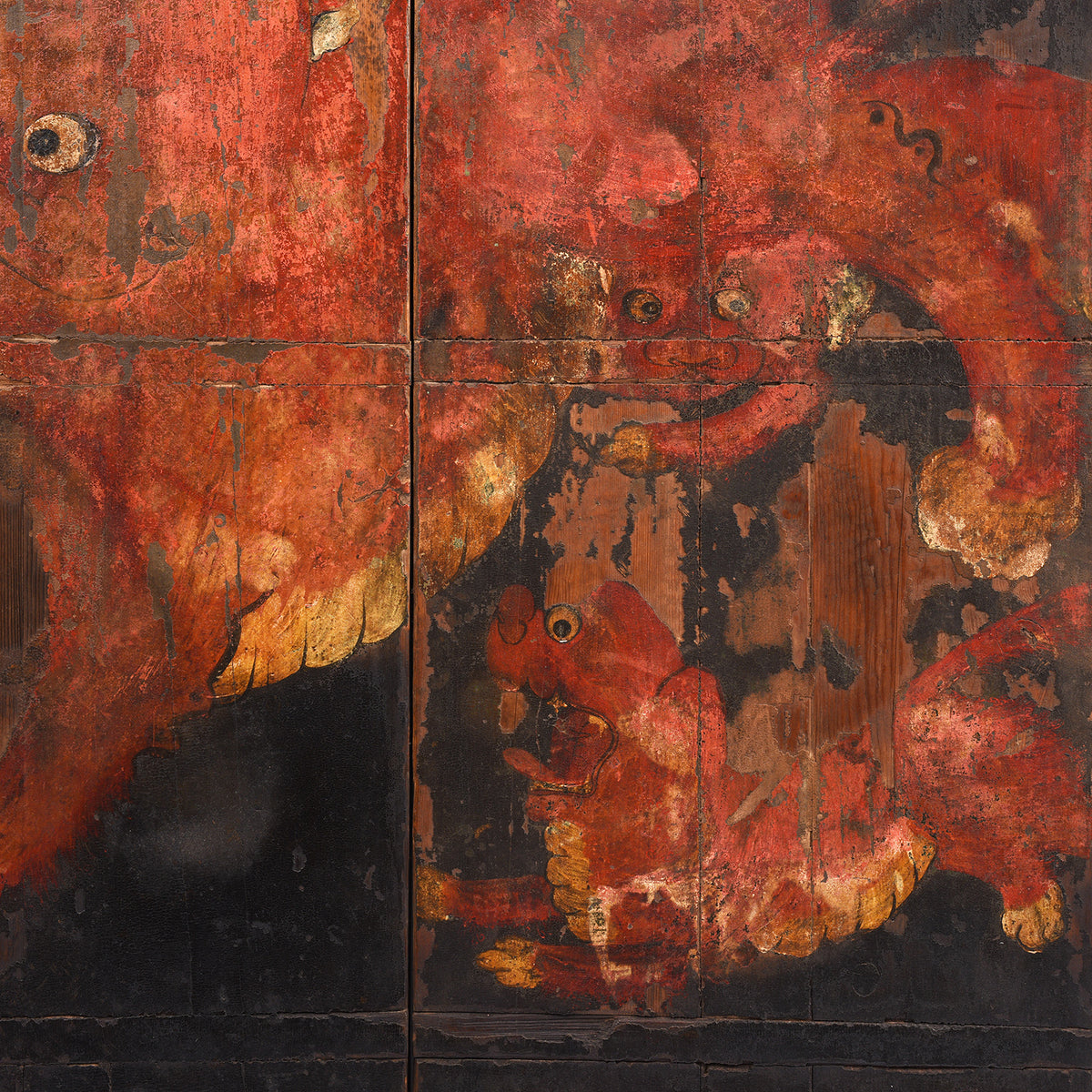 Foo Dogs Detail From Antique Painted Pine 'Foo Dog' Doors From Shanxi | Indigo Antiques
