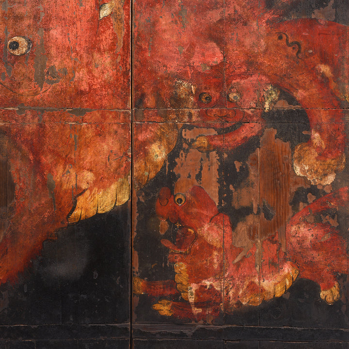 Foo Dogs Detail From Antique Painted Pine 'Foo Dog' Doors From Shanxi | Indigo Antiques