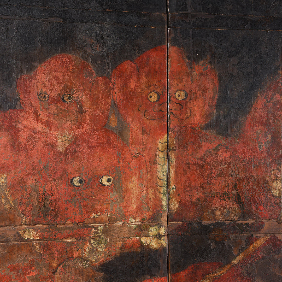Foo Dogs Detail From Antique Painted Pine 'Foo Dog' Doors From Shanxi | Indigo Antiques