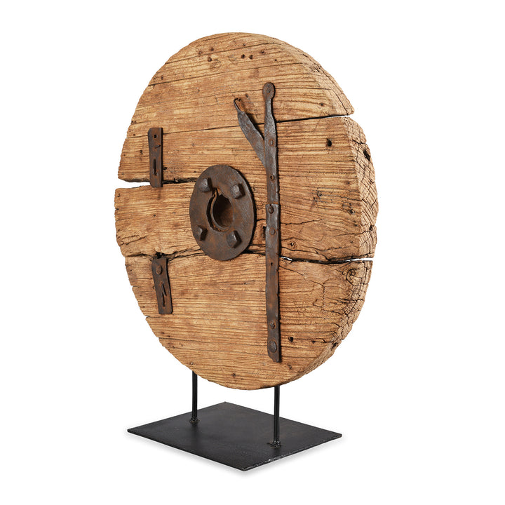 Angled VIew Of Antique Elm Wheel On Stand From Shanxi | Indigo Antiques