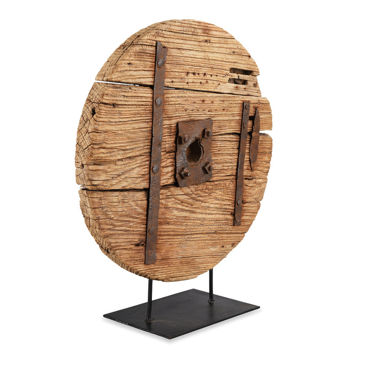Angled View Of Antique Elm Wheel On Stand From Shanxi | Indigo Antiques