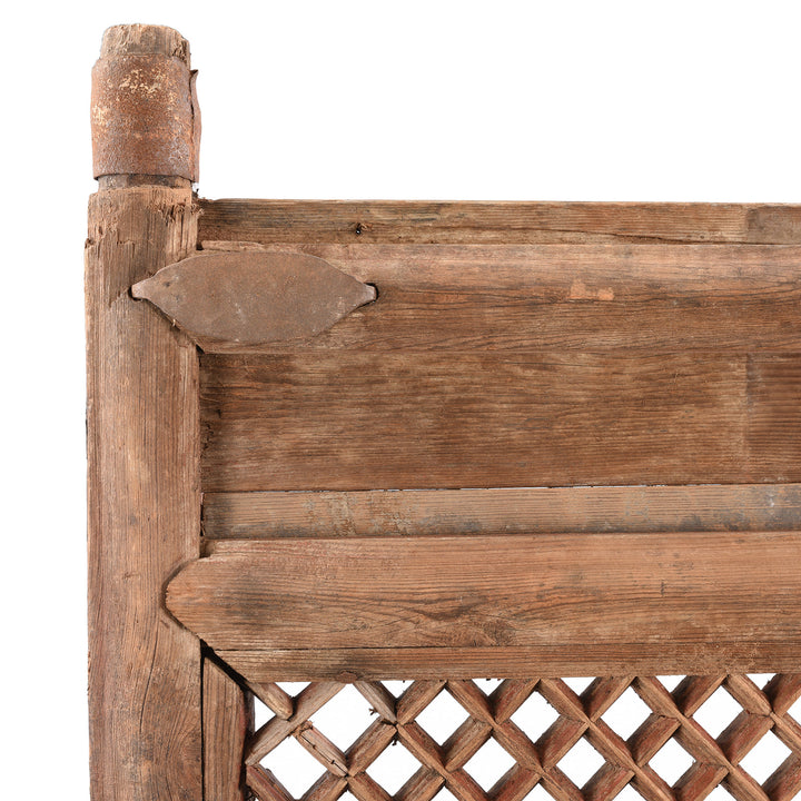 Corner Detail Of Old Yumu Elm Lattice Door Screen From Shanxi - 19thC