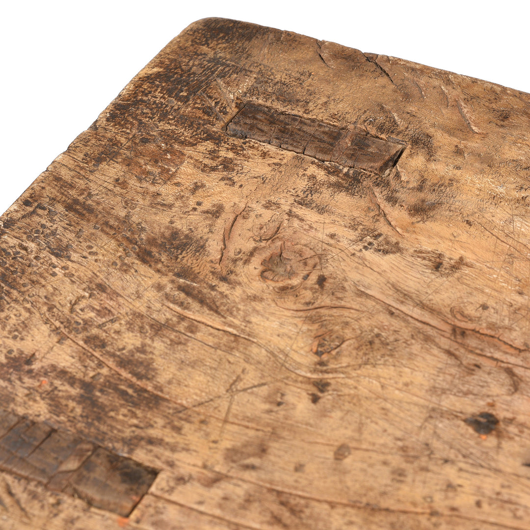 Top Corner Detail From Antique Chinese Rustic Farmhouse Elm Stool | Indigo Antiques 