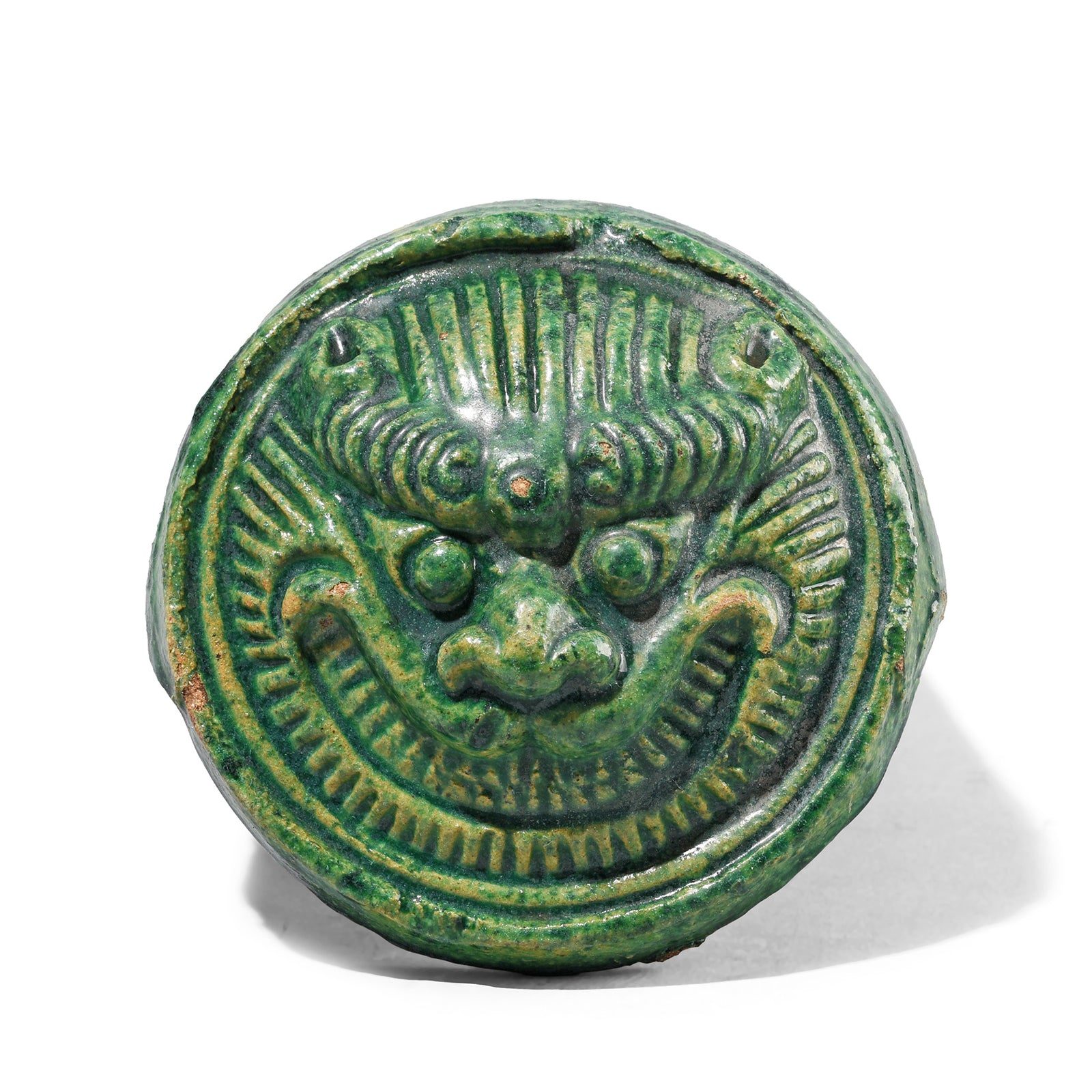 Face Detail From Chinese Grinning Green Glaze Roof Tiles | Indigo Antiques