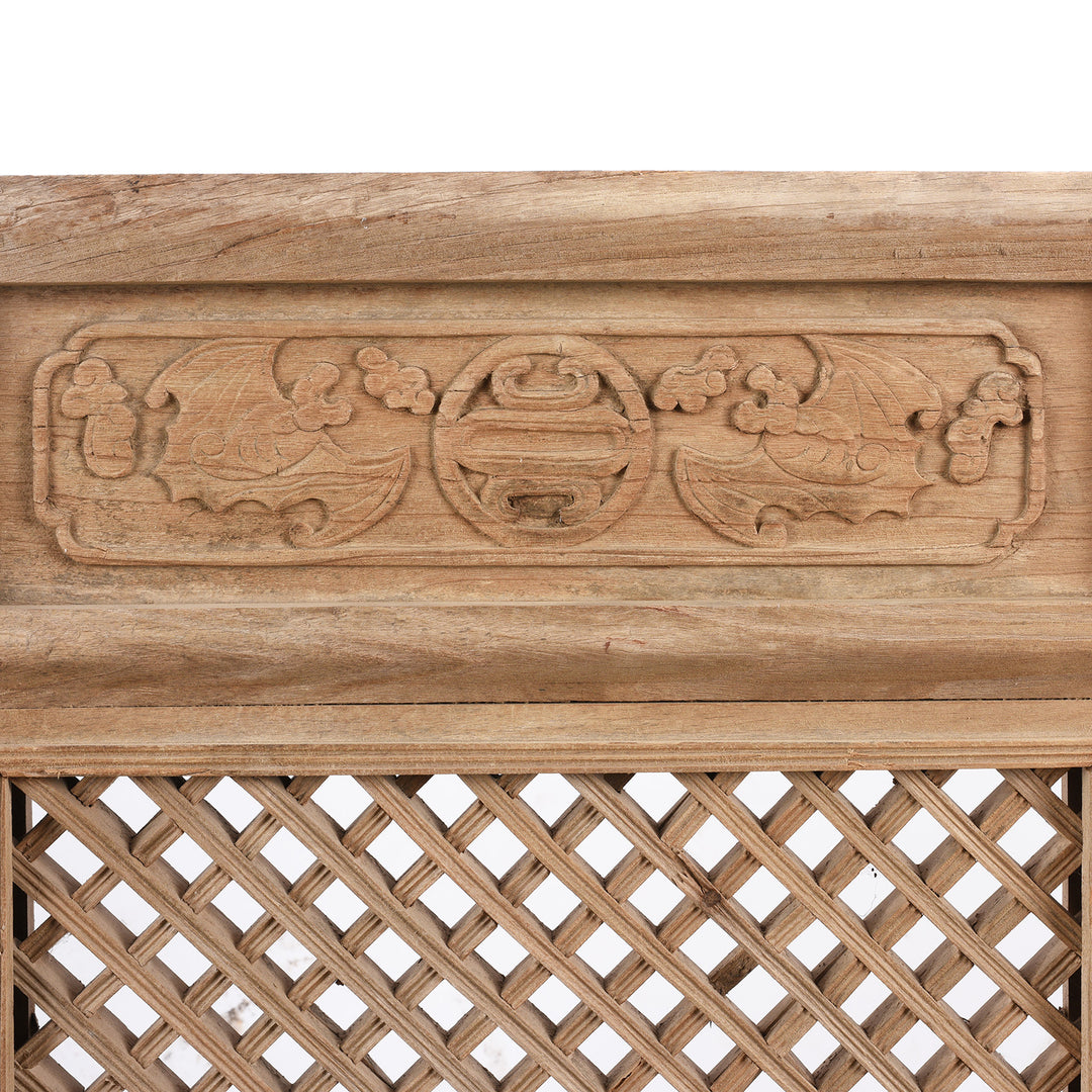 Bat Detail from an Old Antique Chinese Yumu Elm Lattice Window Screen With Bat Detailing From Shanxi Province - 19thC